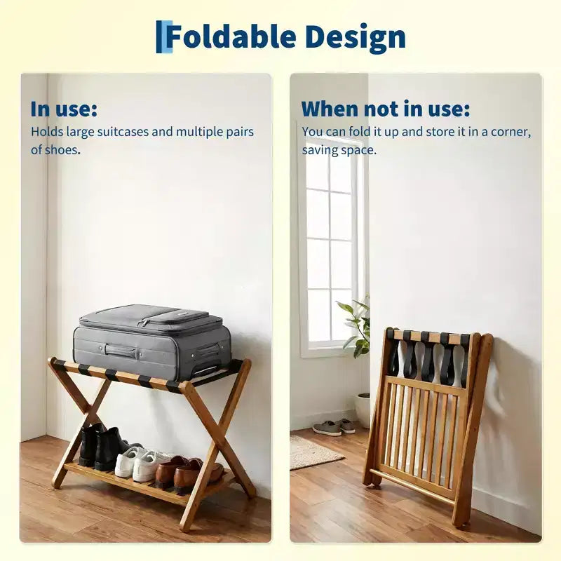Portavaligie Pieghevole in Bambù per Camera Ospiti, Supporto Valigia con Scarpiera e Cinghie Robuste, Capacità 68 kg, Ideale per Camera da Letto/Hotel