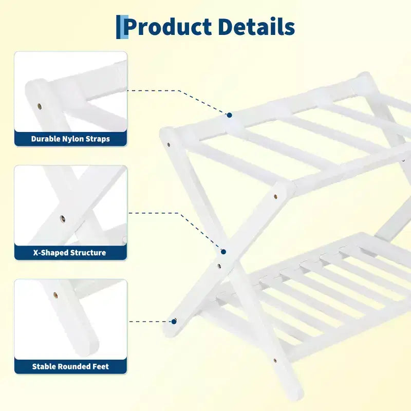 Portavaligie Pieghevole in Bambù per Camera Ospiti, Supporto Valigia con Scarpiera e Cinghie Robuste, Capacità 68 kg, Ideale per Camera da Letto/Hotel