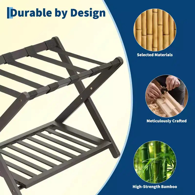 Portavaligie Pieghevole in Bambù per Camera Ospiti, Supporto Valigia con Scarpiera e Cinghie Robuste, Capacità 68 kg, Ideale per Camera da Letto/Hotel