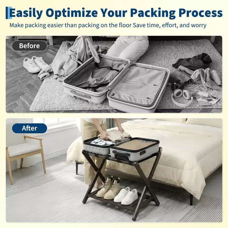 Portavaligie Pieghevole in Bambù per Camera Ospiti, Supporto Valigia con Scarpiera e Cinghie Robuste, Capacità 68 kg, Ideale per Camera da Letto/Hotel