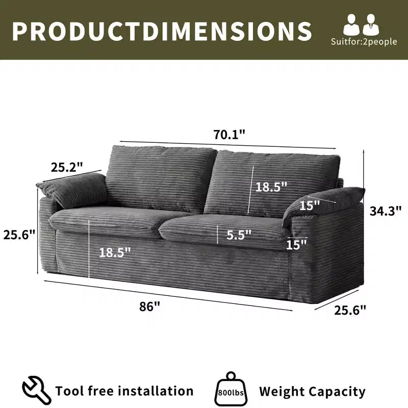 Dyonery 70 Loveseat Divano a due posti in velluto a coste, divano a due posti moderno, divano sfoderabile con seduta profonda, 2 ampi cuscini bracciolo e schienale morbido