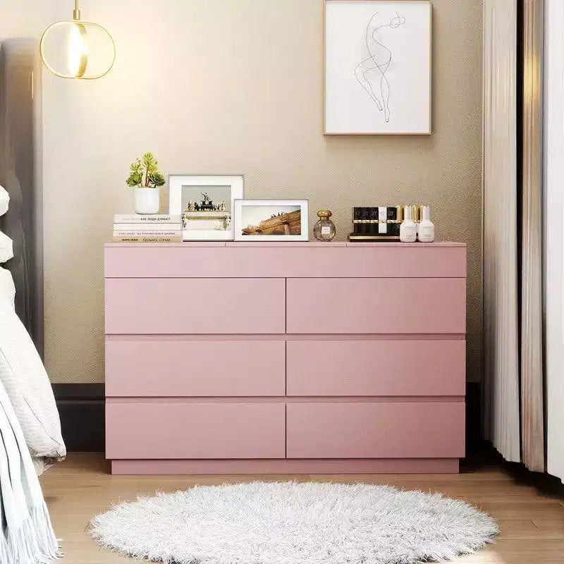 Cassettiera a 6 cassetti goffrata rosa Karl Home con specchio in truciolato da 12 mm con melamina larghezza 120 cm
