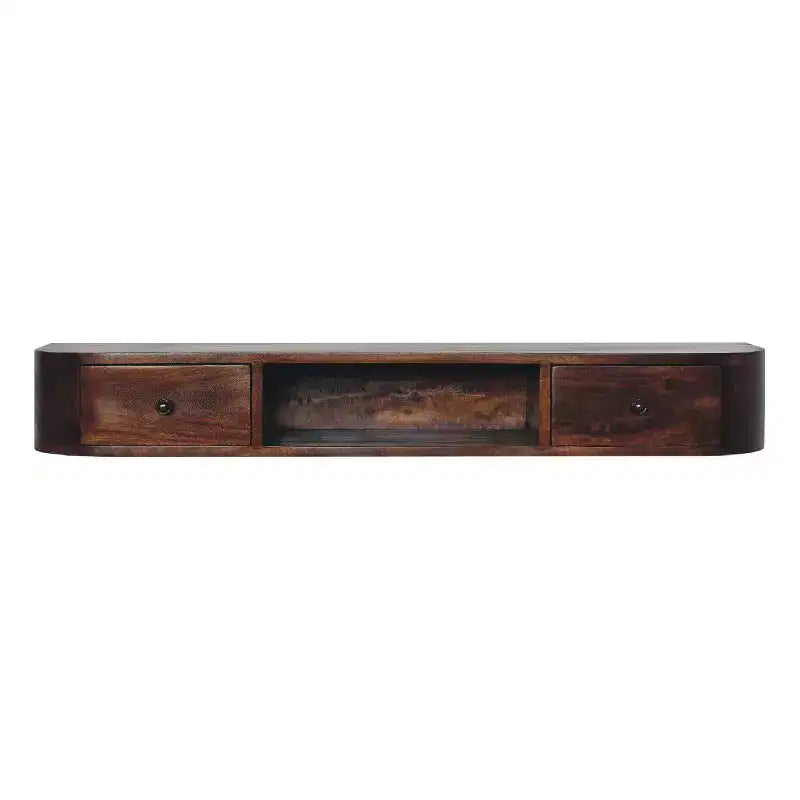 HomeRoots 43 Chestnut Solid Wood Floating Console Table With Shelf And Two Drawers