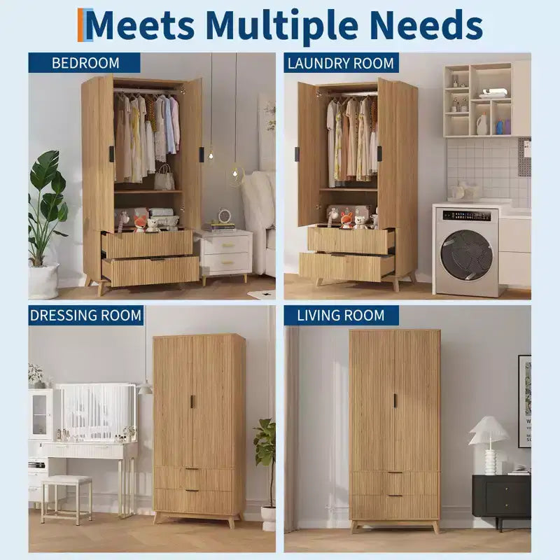 Armadio con ante scanalate, armadio in legno da 180 cm con 2 ante, 2 cassetti, ripiano regolabile e bastone appendiabiti, mobile contenitore per vestiti