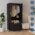 Armadio con ante scanalate, armadio in legno da 180 cm con 2 ante, 2 cassetti, ripiano regolabile e bastone appendiabiti, mobile contenitore per vestiti