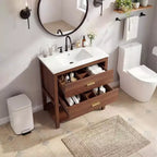 36 Mobile Bagno Rustico con Lavabo Mobiletto da Bagno a Terra in Noce con 2 Cassetti, Ripiano Aperto e Maniglie, Facile da Montare