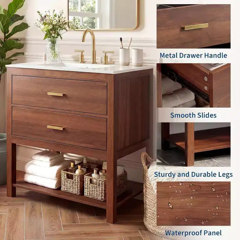 36 Mobile Bagno Rustico con Lavabo Mobiletto da Bagno a Terra in Noce con 2 Cassetti, Ripiano Aperto e Maniglie, Facile da Montare