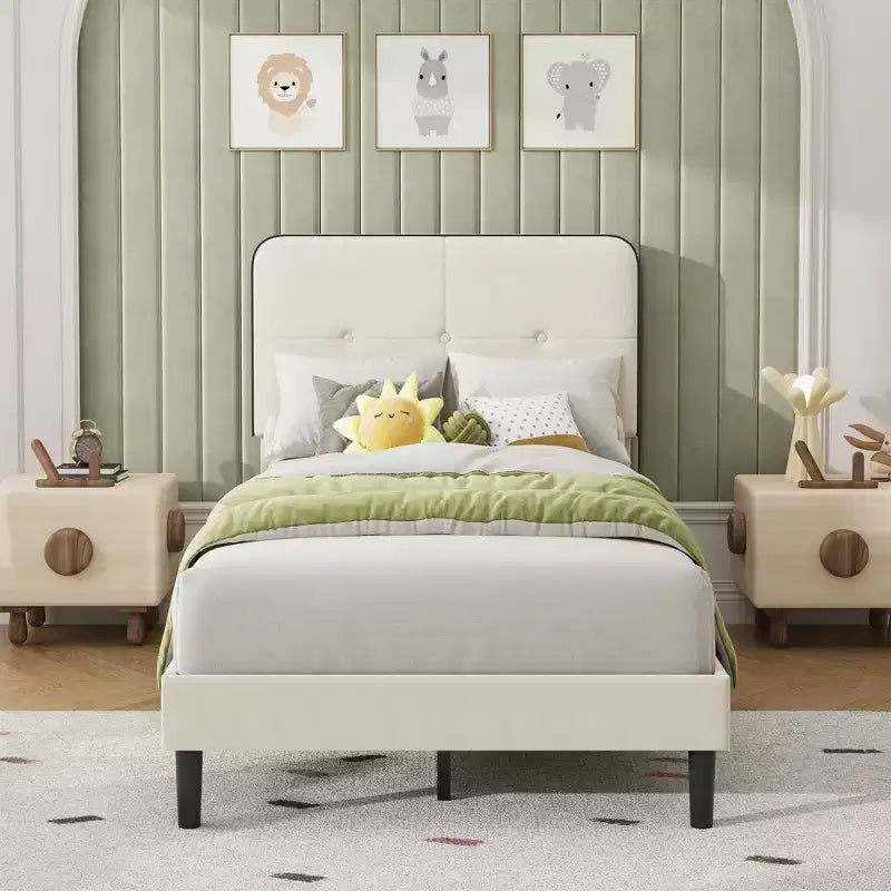 Twin Upholstered Velvet Platform Bed Frame with Adjustable Headboard, Sturdy Metal Support, Noise-Free, No Box Spring Needed