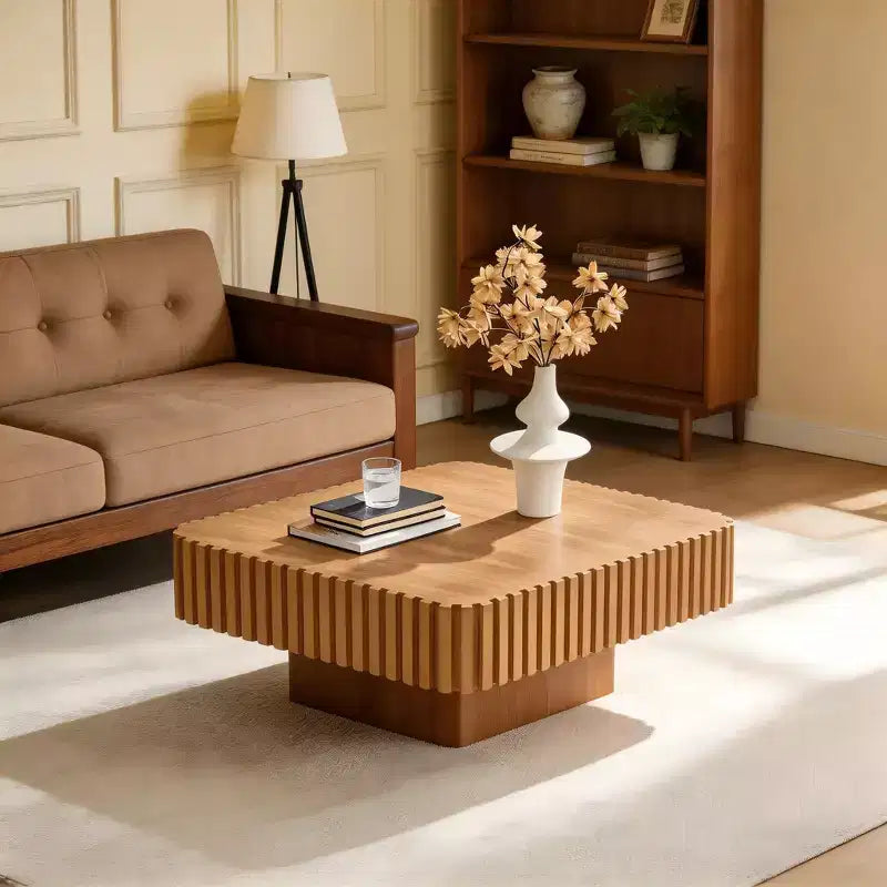 JVNOXK 31.5 Inch Modern Handcraft Drum Coffee Table Square Coffee Table for Living Room,with Sturdy MDF Pedesta,Natural Color