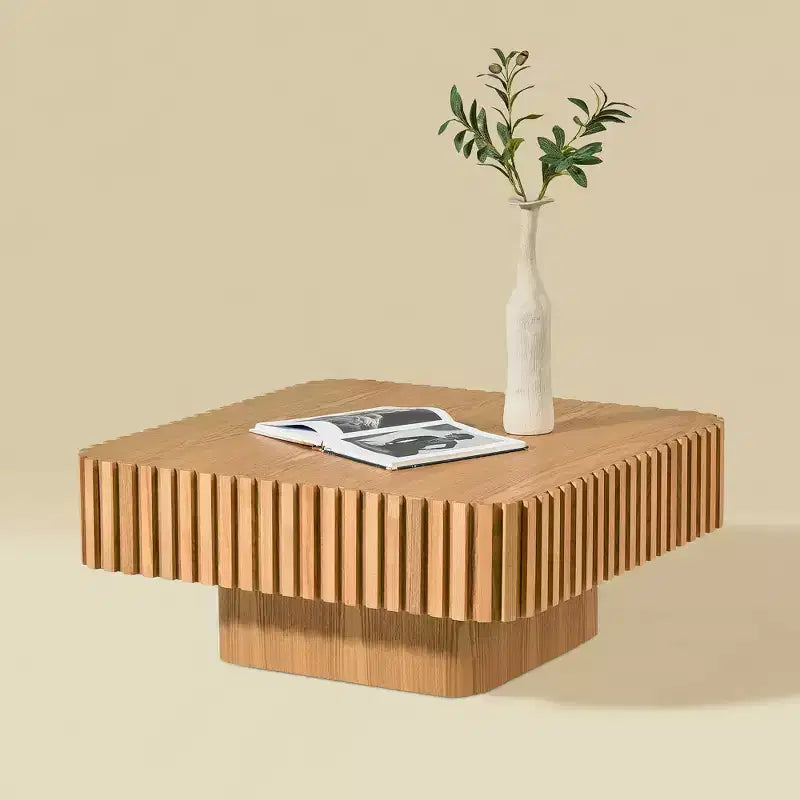 JVNOXK 31.5 Inch Modern Handcraft Drum Coffee Table Square Coffee Table for Living Room,with Sturdy MDF Pedesta,Natural Color