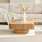 JVNOXK 31.5 Inch Modern Handcraft Drum Coffee Table Square Coffee Table for Living Room,with Sturdy MDF Pedesta,Natural Color