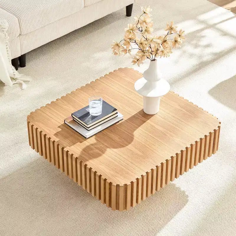JVNOXK 31.5 Inch Modern Handcraft Drum Coffee Table Square Coffee Table for Living Room,with Sturdy MDF Pedesta,Natural Color
