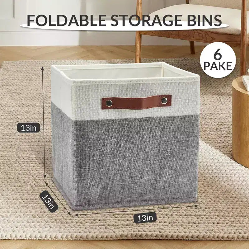 6 scatole portaoggetti pieghevoli in tessuto di lino con maniglie in pelle, cesti organizer cubici con base rimovibile doppia per armadio e asilo nido, 33x33x33 cm