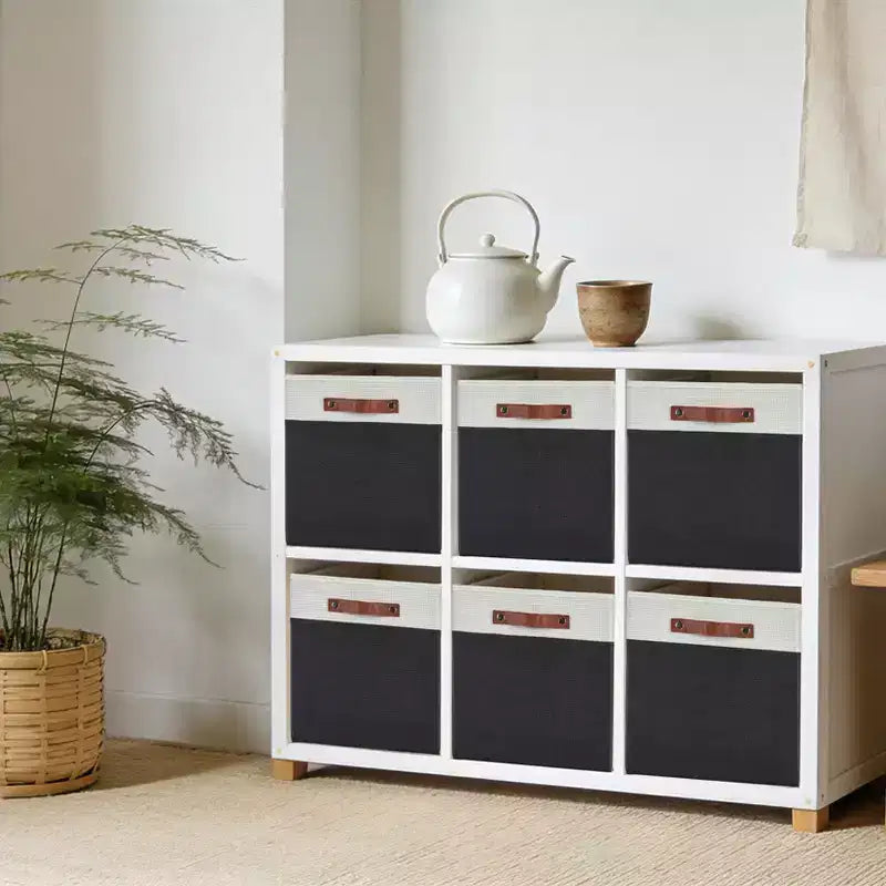 6 scatole portaoggetti pieghevoli in tessuto di lino con maniglie in pelle, cesti organizer cubici con base rimovibile doppia per armadio e asilo nido, 33x33x33 cm
