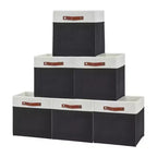 6 Pack Foldable Linen Fabric Storage Bins with Leather Handles, Cube Organizer Baskets with Removable Base Dual for Closet Nursery,13x13x13inch