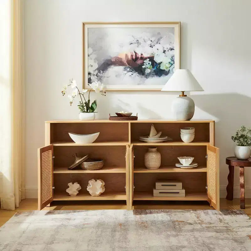 JVNOXK Credenza in rattan di metà secolo da 63 pollici con contenitore, mobile TV e coffee bar color naturale, per il soggiorno