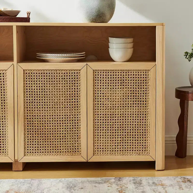JVNOXK Credenza in rattan di metà secolo da 63 pollici con contenitore, mobile TV e coffee bar color naturale, per il soggiorno
