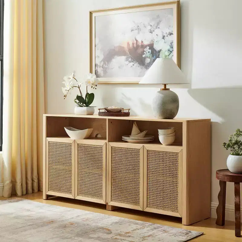 JVNOXK Credenza in rattan di metà secolo da 63 pollici con contenitore, mobile TV e coffee bar color naturale, per il soggiorno