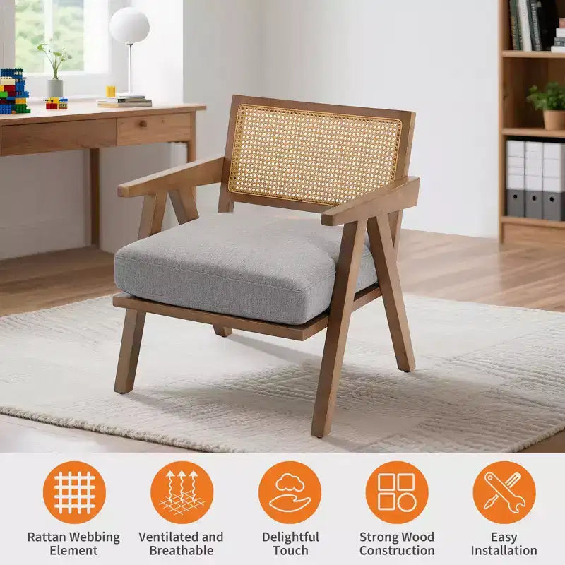 Poltrona rustica con finiture in legno, sedia da divano moderna di metà secolo con robuste gambe in legno, schienale in rattan per camera da letto e soggiorno