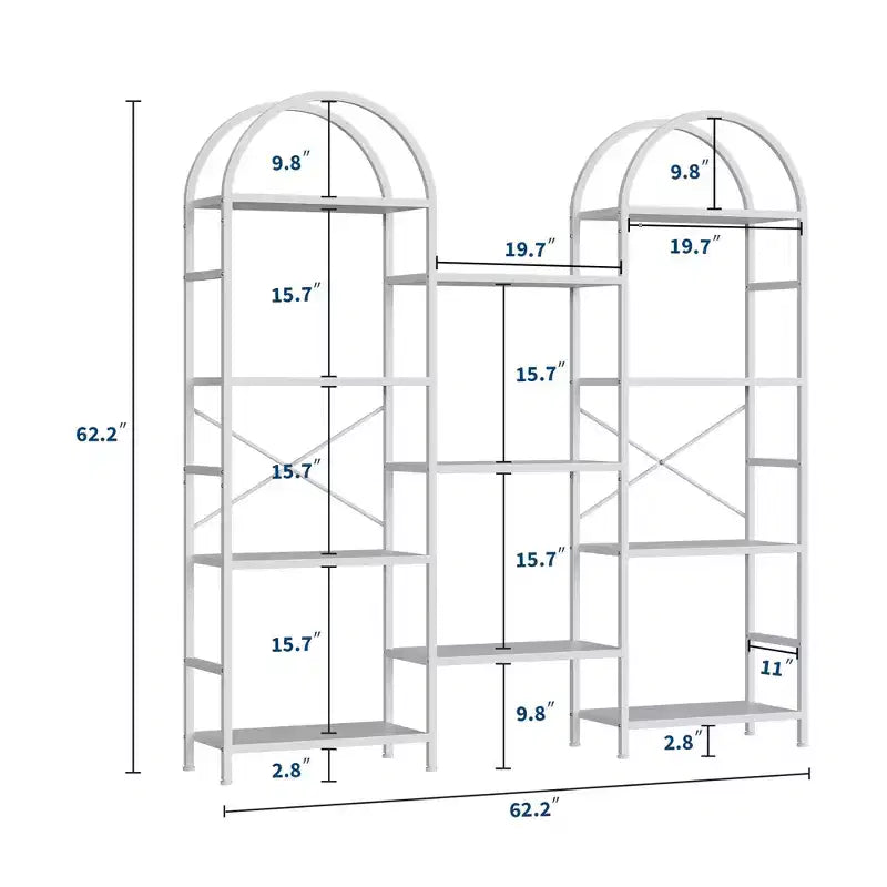Libreria a 4 ripiani ad arco triplo, libreria a giorno grande con 11 ripiani, struttura in metallo e ripiani in legno, scaffale alto e ampio per camera da letto