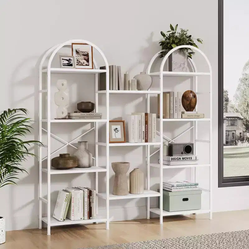 Libreria a 4 ripiani ad arco triplo, libreria a giorno grande con 11 ripiani, struttura in metallo e ripiani in legno, scaffale alto e ampio per camera da letto