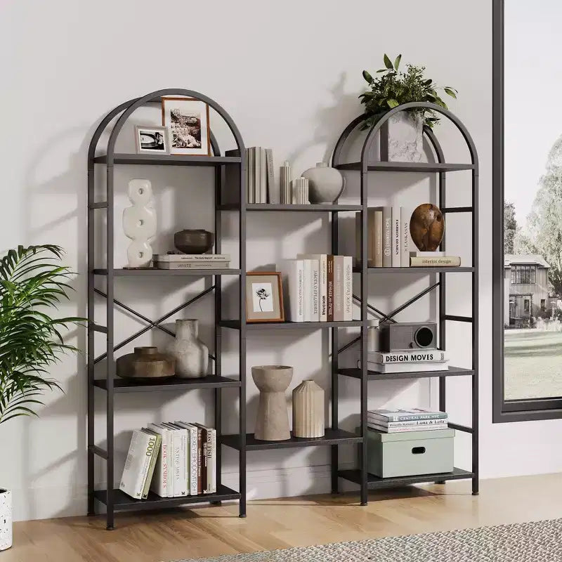 Libreria a 4 ripiani ad arco triplo, libreria a giorno grande con 11 ripiani, struttura in metallo e ripiani in legno, scaffale alto e ampio per camera da letto