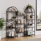 Libreria a 4 ripiani ad arco triplo, libreria a giorno grande con 11 ripiani, struttura in metallo e ripiani in legno, scaffale alto e ampio per camera da letto