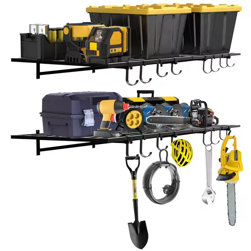 Mensola a parete resistente per garage, confezione da 2 mensole galleggianti in metallo da 60x120 cm con 8 ganci, organizer per montaggio a parete per garage, officina, lavanderia, ufficio