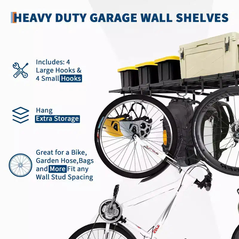 Mensola a parete resistente per garage, confezione da 2 mensole galleggianti in metallo da 60x120 cm con 8 ganci, organizer per montaggio a parete per garage, officina, lavanderia, ufficio