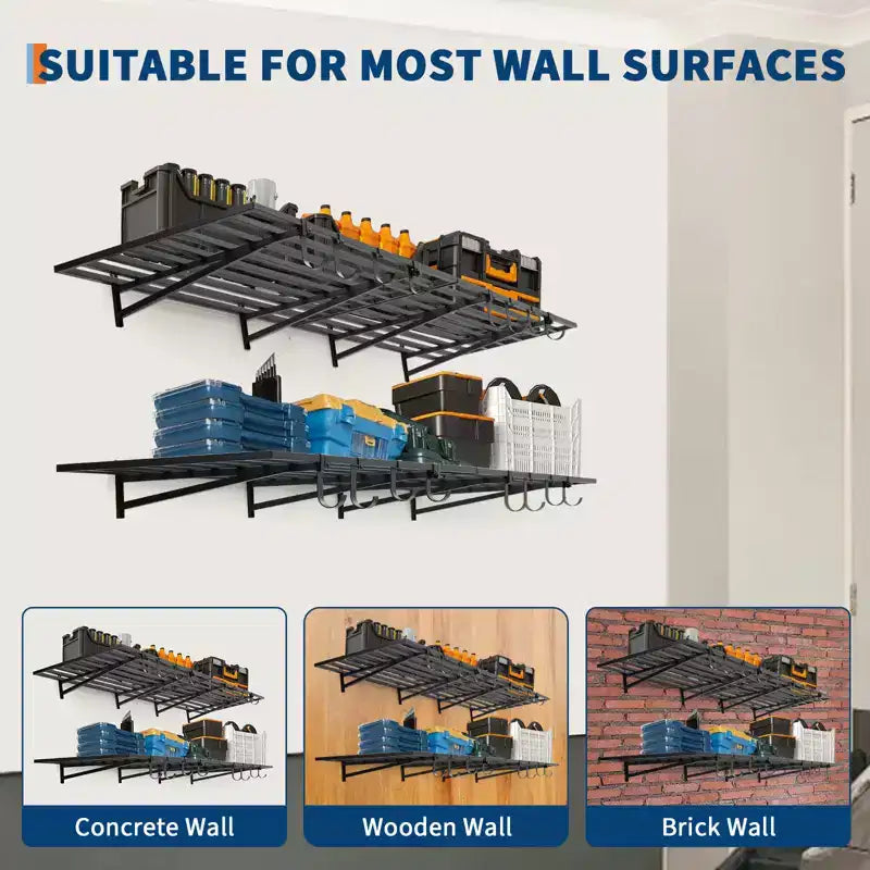 Mensola a parete resistente per garage, confezione da 2 mensole galleggianti in metallo da 60x120 cm con 8 ganci, organizer per montaggio a parete per garage, officina, lavanderia, ufficio