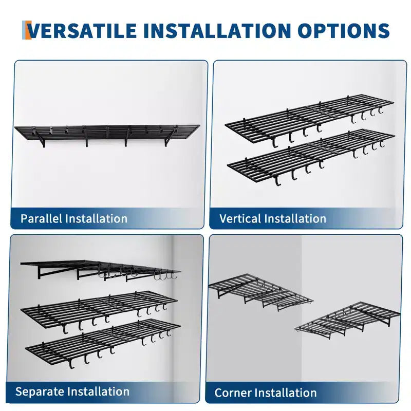 Mensola a parete resistente per garage, confezione da 2 mensole galleggianti in metallo da 60x120 cm con 8 ganci, organizer per montaggio a parete per garage, officina, lavanderia, ufficio