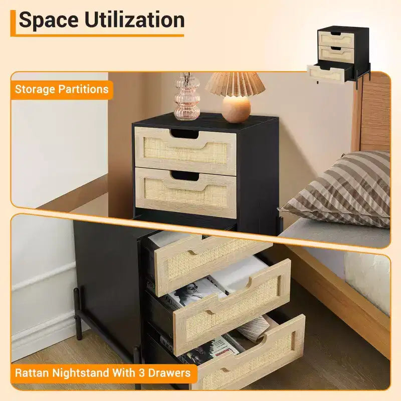 Comodino in Rattan, Comodino Boho in Vimini con Gambe in Metallo, Tavolino Moderno Intrecciato per Piccoli Spazi, Tavolino Autoportante per Camera da Letto