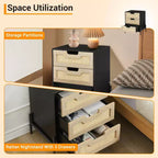 Comodino in Rattan, Comodino Boho in Vimini con Gambe in Metallo, Tavolino Moderno Intrecciato per Piccoli Spazi, Tavolino Autoportante per Camera da Letto