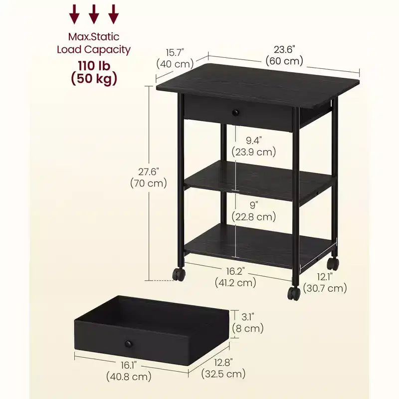 VASAGLE Supporto per Stampante, Carrello Porta Stampante, Mobile con Ruote Bloccabili, Struttura in Acciaio, 2 Ripiani di Stoccaggio, Cassetto Rimovibile, 3 Livelli, Nero Ebano