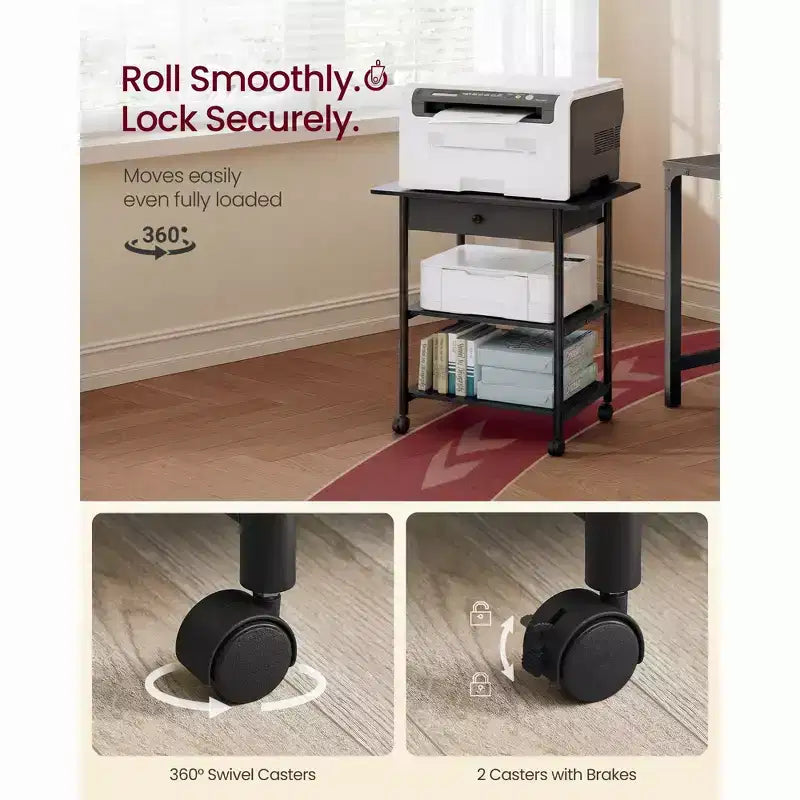 VASAGLE Supporto per Stampante, Carrello Porta Stampante, Mobile con Ruote Bloccabili, Struttura in Acciaio, 2 Ripiani di Stoccaggio, Cassetto Rimovibile, 3 Livelli, Nero Ebano
