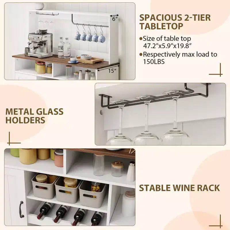Credenza da caffè Farmhouse 47 con stazione di ricarica, grande credenza in legno con ripiano portaoggetti e portabottiglie per cucina e sala da pranzo