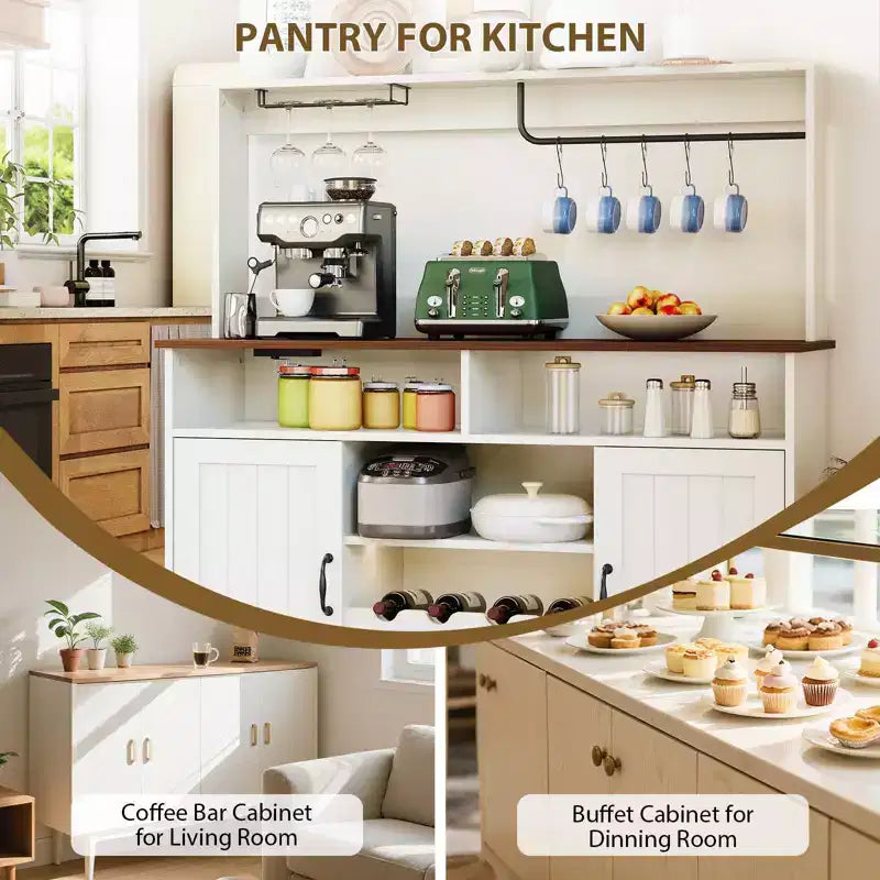 Credenza da caffè Farmhouse 47 con stazione di ricarica, grande credenza in legno con ripiano portaoggetti e portabottiglie per cucina e sala da pranzo