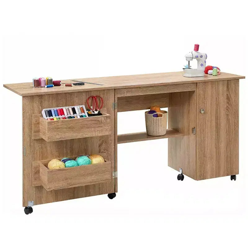 Tavolo da Cucito Pieghevole con Contenitore, Tavolo Grande per Macchina da Cucire con Scaffali e Ruote Bloccabili, Scrivania Artigianale Multifunzionale per Casa, Laboratorio