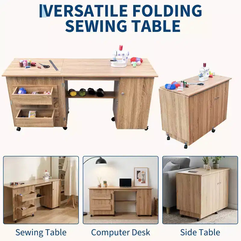 Tavolo da Cucito Pieghevole con Contenitore, Tavolo Grande per Macchina da Cucire con Scaffali e Ruote Bloccabili, Scrivania Artigianale Multifunzionale per Casa, Laboratorio
