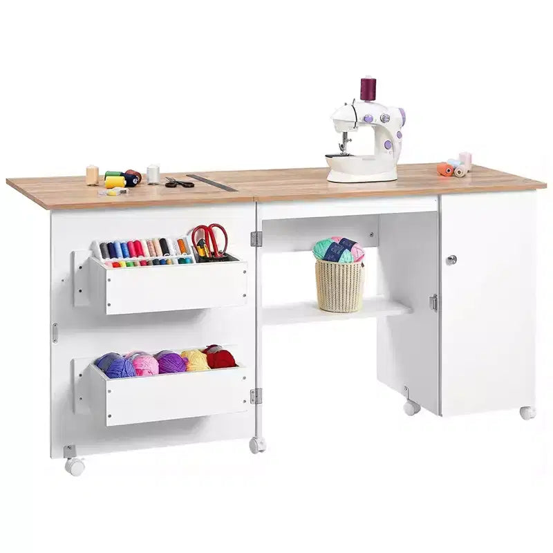 Tavolo da Cucito Pieghevole con Contenitore, Tavolo Grande per Macchina da Cucire con Scaffali e Ruote Bloccabili, Scrivania Artigianale Multifunzionale per Casa, Laboratorio