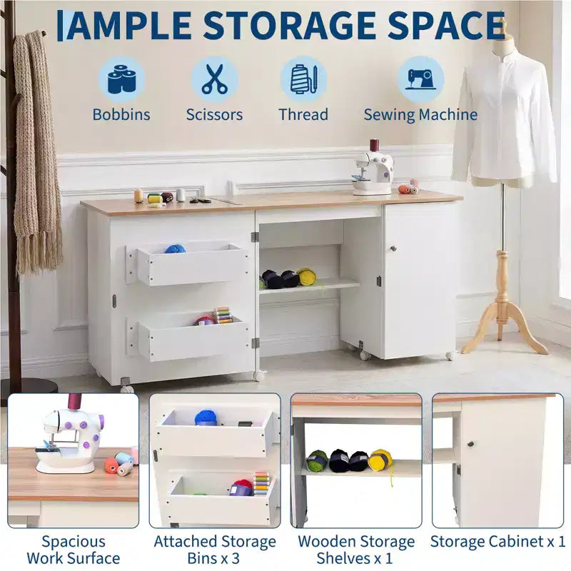 Tavolo da Cucito Pieghevole con Contenitore, Tavolo Grande per Macchina da Cucire con Scaffali e Ruote Bloccabili, Scrivania Artigianale Multifunzionale per Casa, Laboratorio