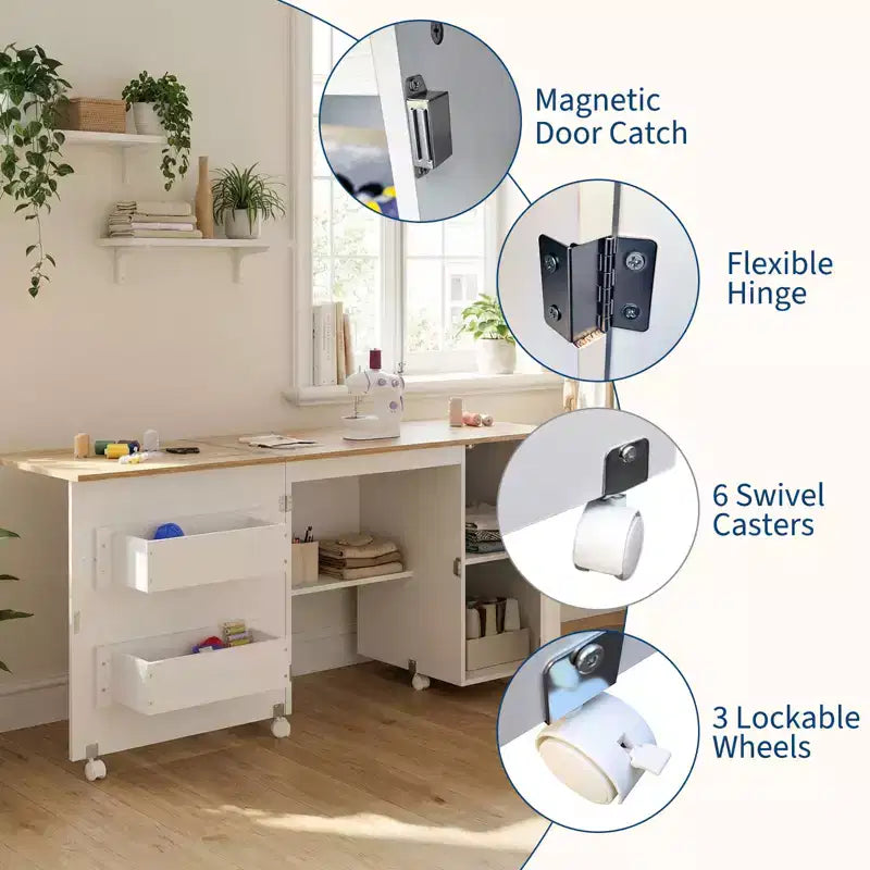 Tavolo da Cucito Pieghevole con Contenitore, Tavolo Grande per Macchina da Cucire con Scaffali e Ruote Bloccabili, Scrivania Artigianale Multifunzionale per Casa, Laboratorio