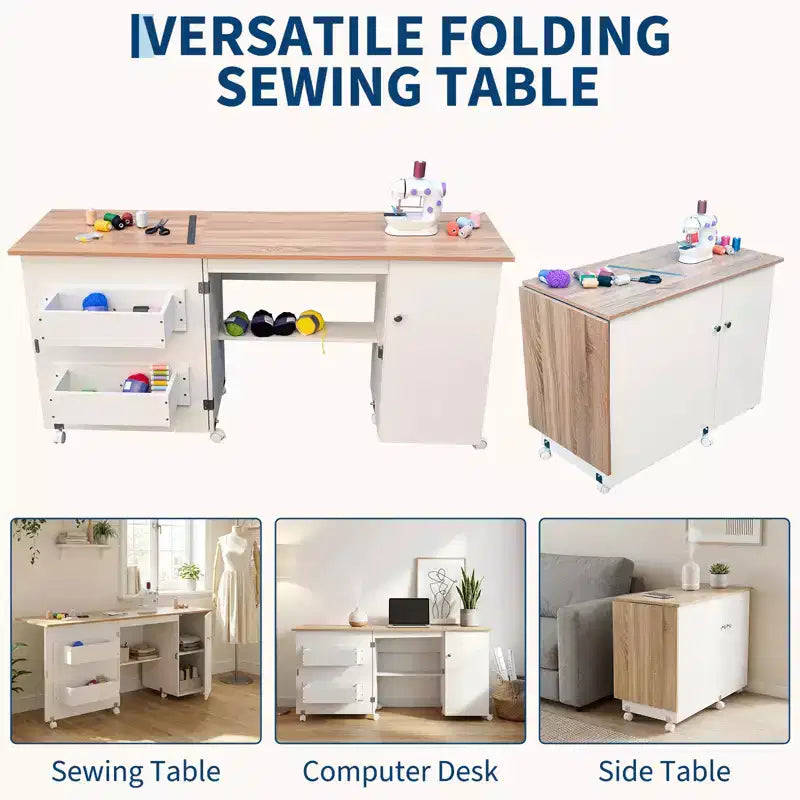 Tavolo da Cucito Pieghevole con Contenitore, Tavolo Grande per Macchina da Cucire con Scaffali e Ruote Bloccabili, Scrivania Artigianale Multifunzionale per Casa, Laboratorio
