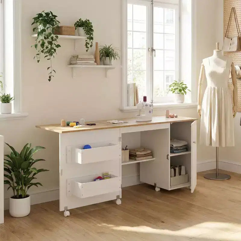 Folding Sewing Table with Storage, Large Sewing Machine Table with Shelves & Lockable Wheels, Multi-Functional Craft Desk for Home, Workroom