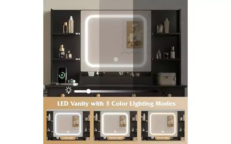 DEXYLLO Toeletta Trucco con Luci, Specchio Illuminato a LED, Stazione di Ricarica, Set Tavolo da Trucco RGB con 3 Cassetti