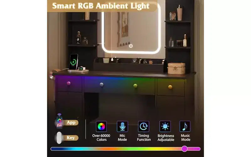 DEXYLLO Toeletta Trucco con Luci, Specchio Illuminato a LED, Stazione di Ricarica, Set Tavolo da Trucco RGB con 3 Cassetti