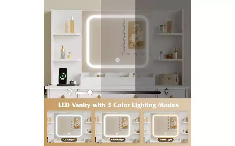 DEXYLLO Toeletta Trucco con Luci, Specchio Illuminato a LED, Stazione di Ricarica, Set Tavolo da Trucco RGB con 3 Cassetti