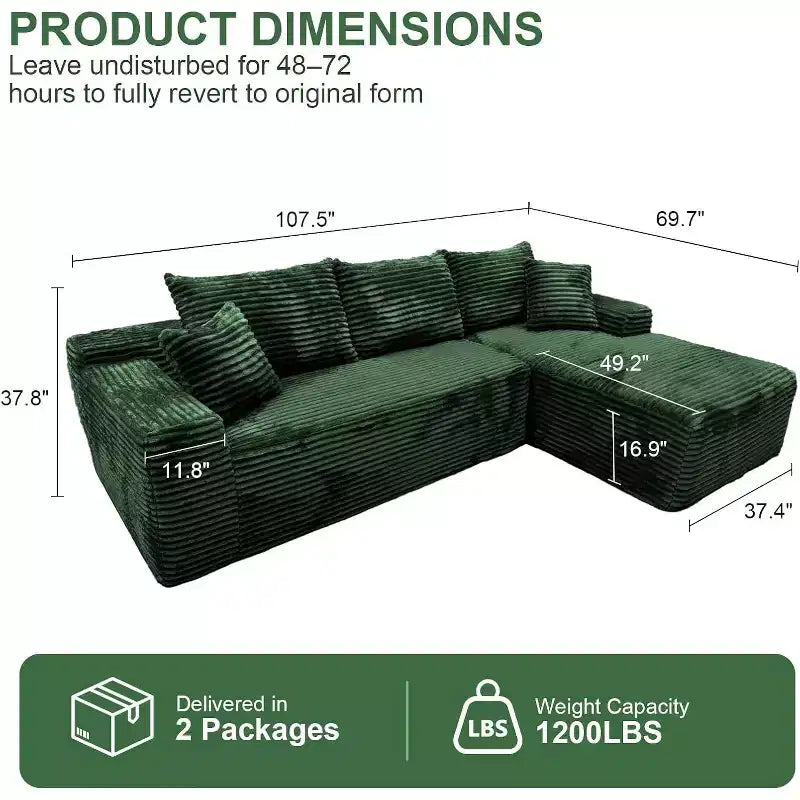 MooxvMoo Divani componibili 107.5, Divano compresso a forma di L con seduta profonda, cuscino decorativo, chaise longue per soggiorno, Verde