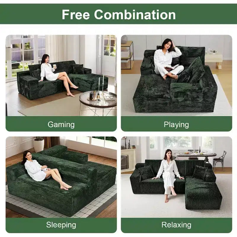 MooxvMoo Divani componibili 107.5, Divano compresso a forma di L con seduta profonda, cuscino decorativo, chaise longue per soggiorno, Verde