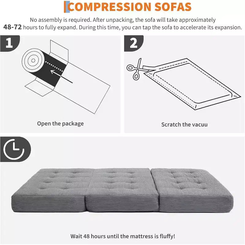 SunnyFurn Materasso a Tre Pieghe da 6 Pollici per Divano Letto, Letto Pieghevole in Schiuma per Ospiti con Corduroy Trapuntato, Portatile per Campeggio, Soggiorno, Camera da Letto